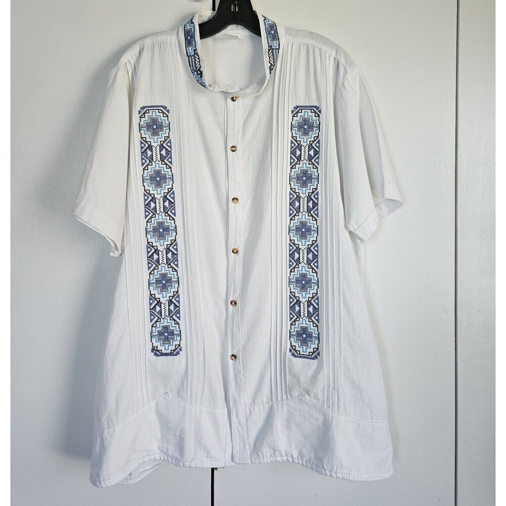 White Guayabera Shirt XXL Mexican Blue Embroidered Short Sleeve Button Up